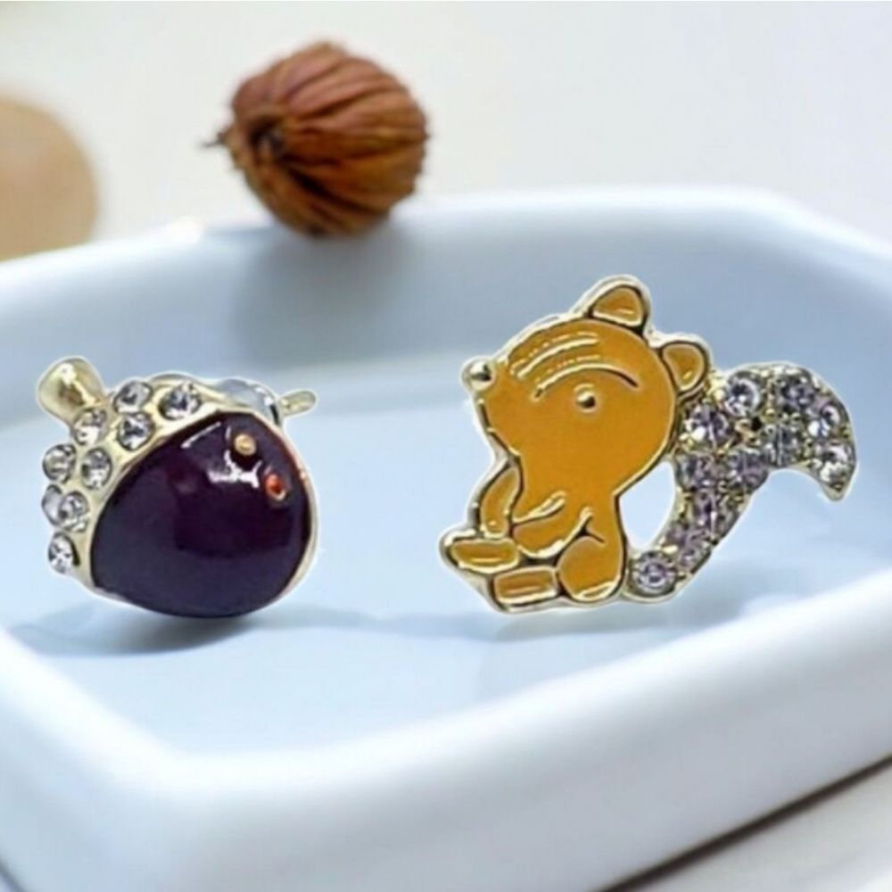 Squirrel Acorn Earrings Rhinestone Studs Mismatched Mother Nature Jewelry Gift